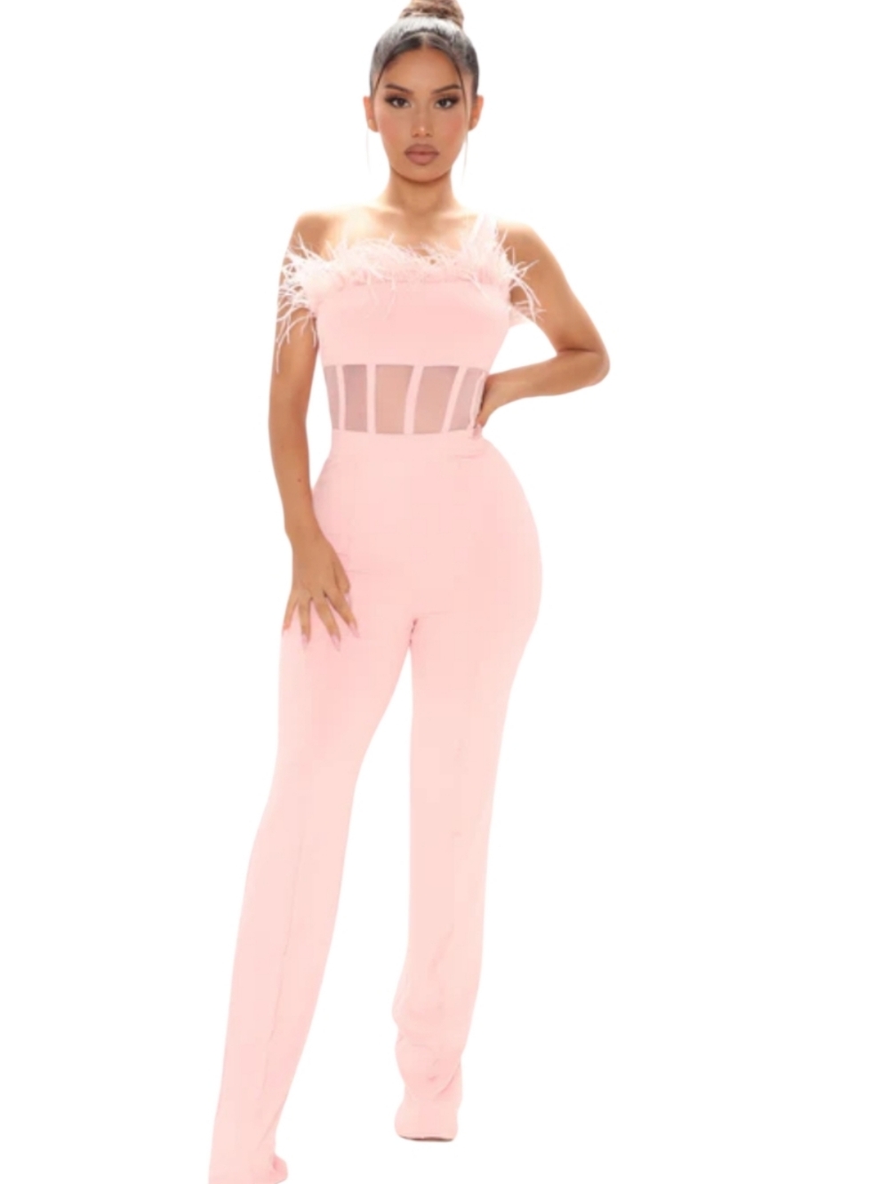 Nwt Fashion Nova 90's Baby Pink One Shoulder Feather Mesh Midriff Jumpsuit